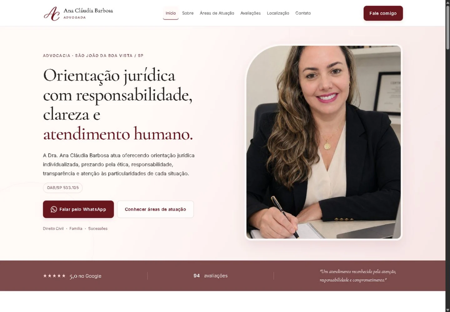 Homepage do site publicado de Dra. Ana Cláudia