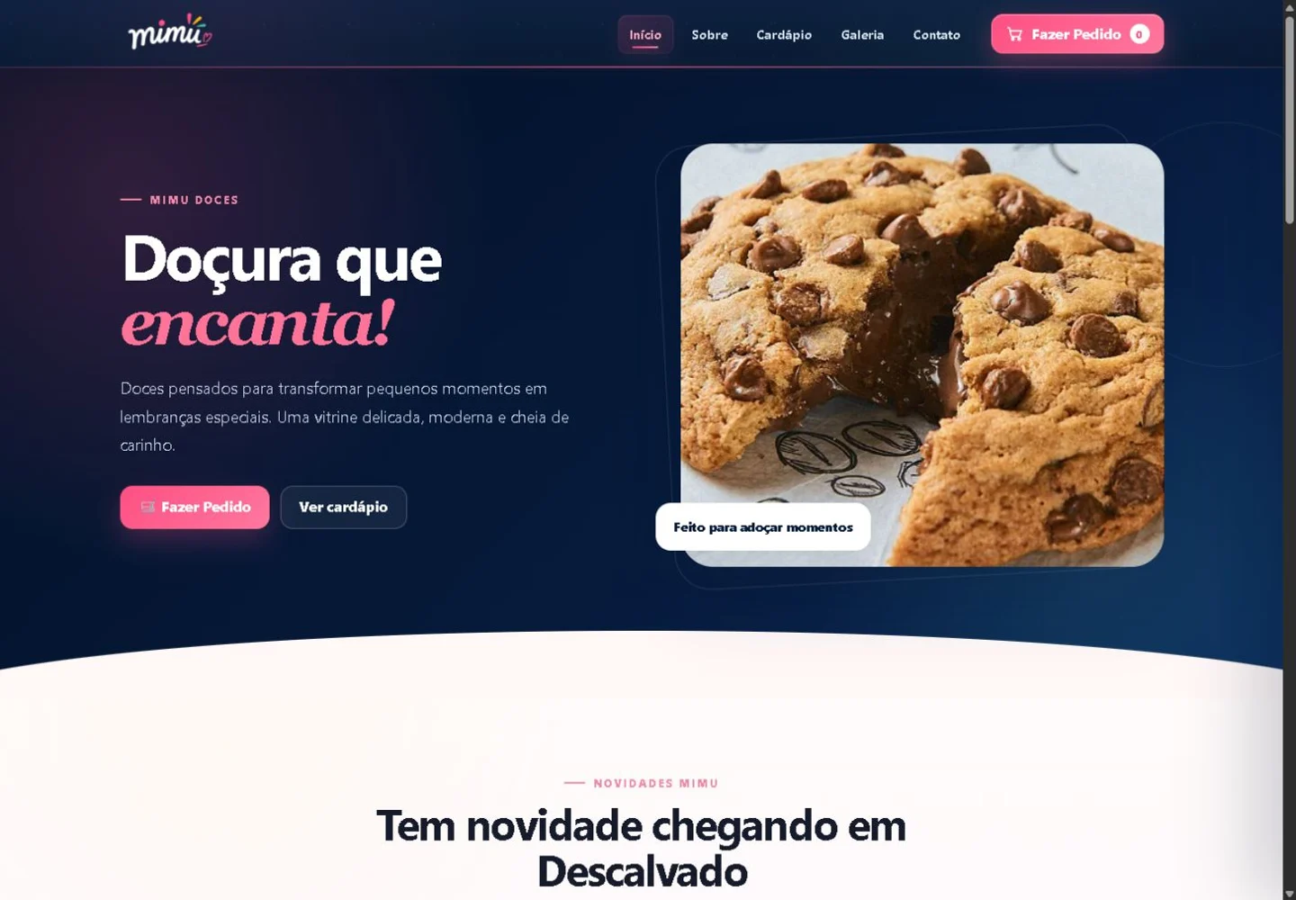 Homepage do site publicado de Mimu Doces