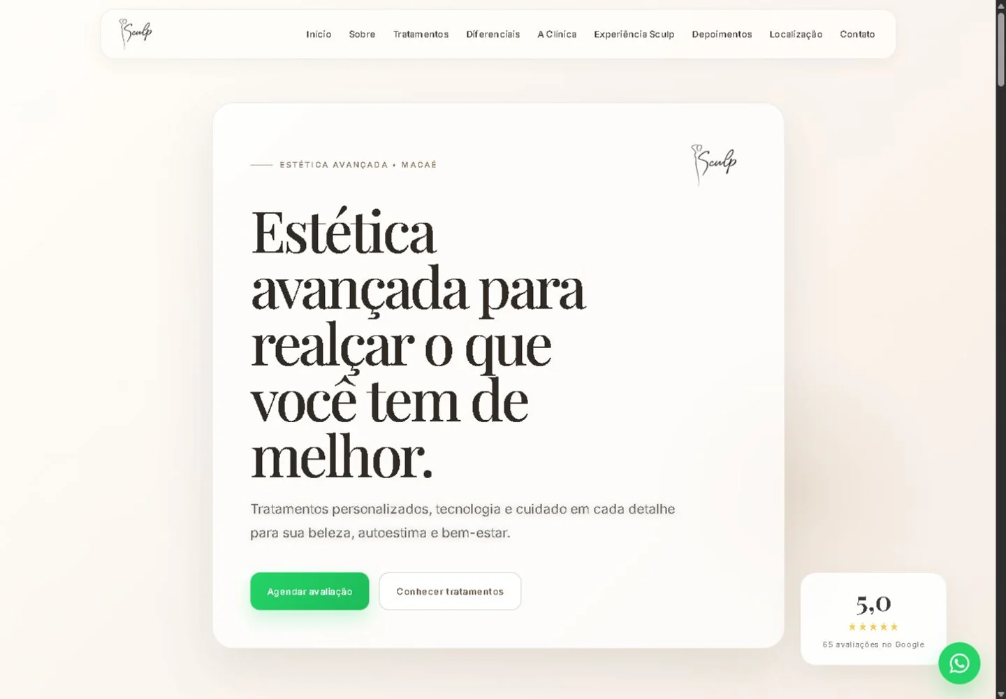 Homepage do site publicado de Clínica Sculp