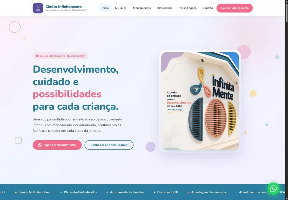 Página inicial do site Clínica Infinitamente, criado pela Nuvzora