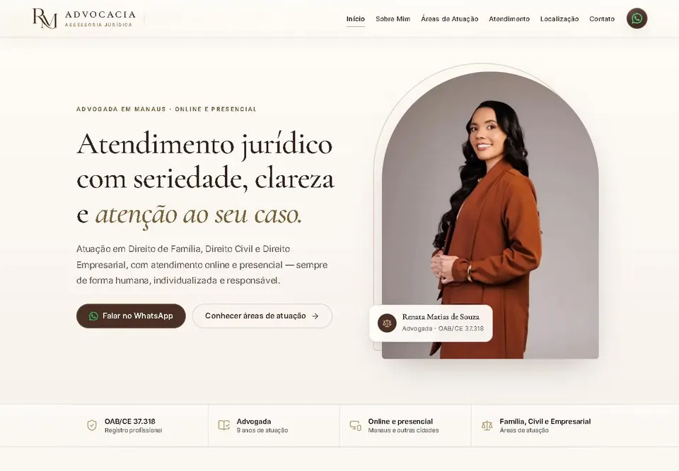 Página inicial do site RM Advocacia, criado pela Nuvzora