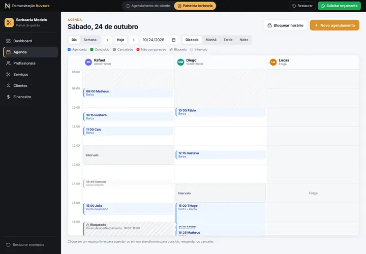 Agenda do sistema para barbearias, com uma coluna por barbeiro