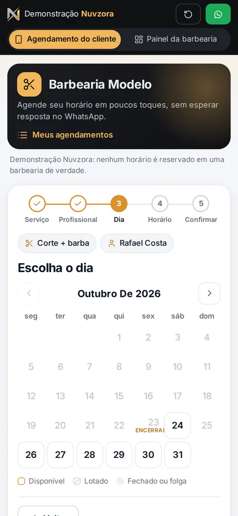 Calendário do agendamento com dias fechados e lotados bloqueados