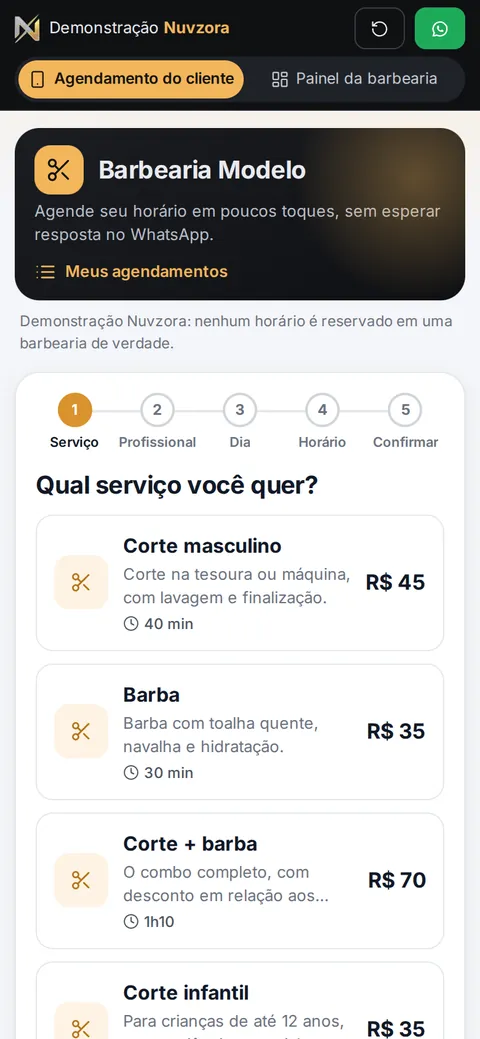 Escolha do serviço no agendamento online pelo celular