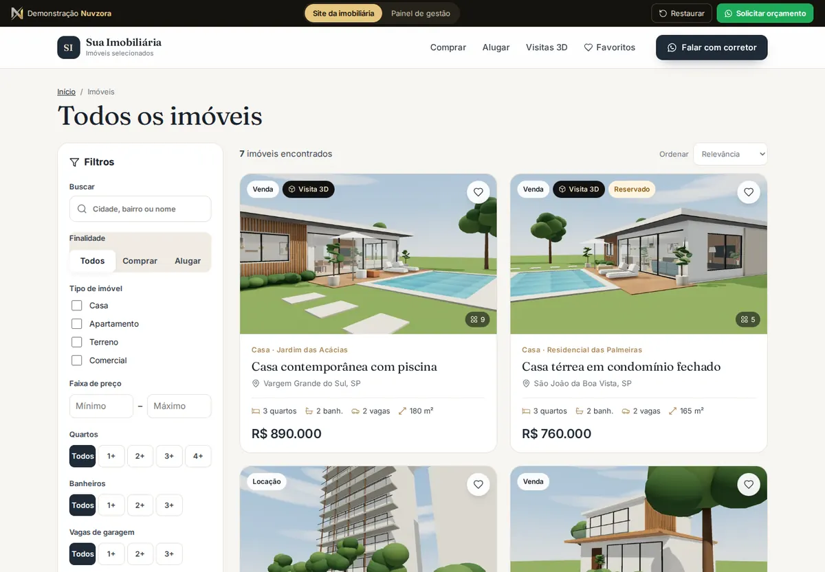 Catálogo de imóveis com filtros de preço, quartos e tipo