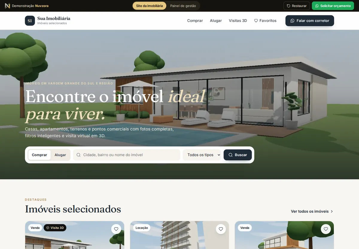 Página inicial do site de imobiliária da demonstração, com busca e imóveis em destaque