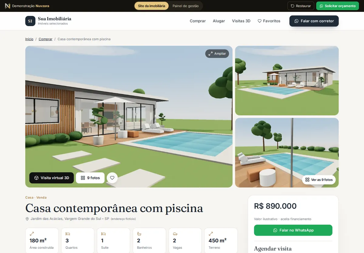 Página de imóvel da demonstração do sistema para imobiliárias, com galeria de fotos, preço e botão de WhatsApp