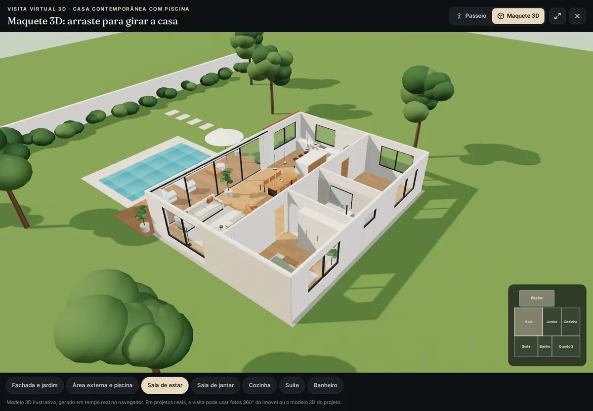 Maquete 3D vista de cima, com a planta da casa e a piscina