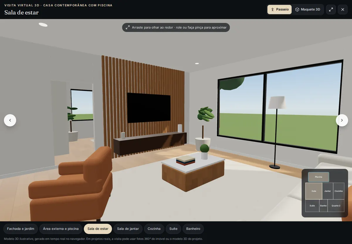 Visita virtual 3D na sala de estar de uma casa da demonstração